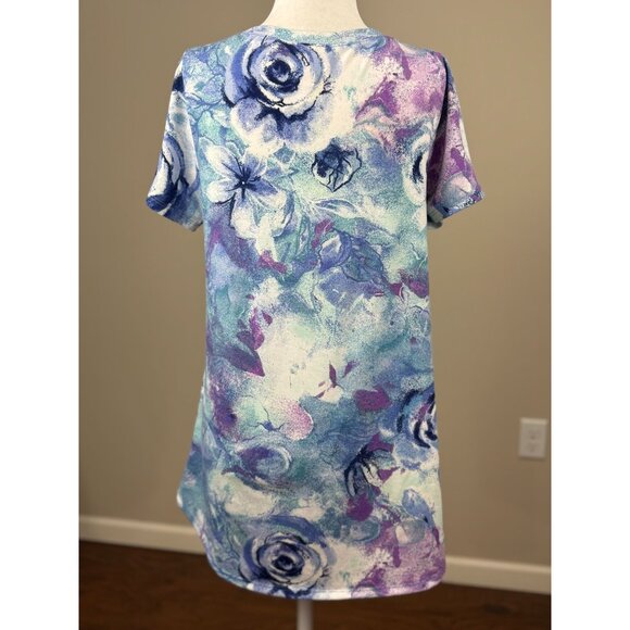NEW LuLaRoe Womens Knit Tunic Top S Short Sleeve Blue Pink Floral Scoop Neck - Picture 3 of 9